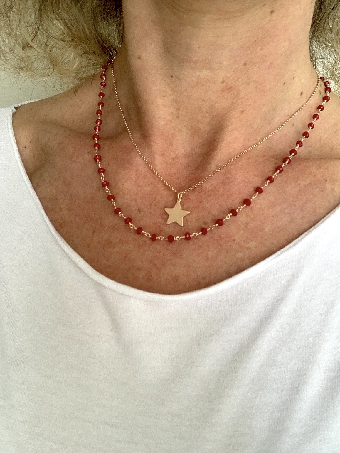Girocollo a 2 fili con quarzo idrotermale rosso e argento placcato oro rosa