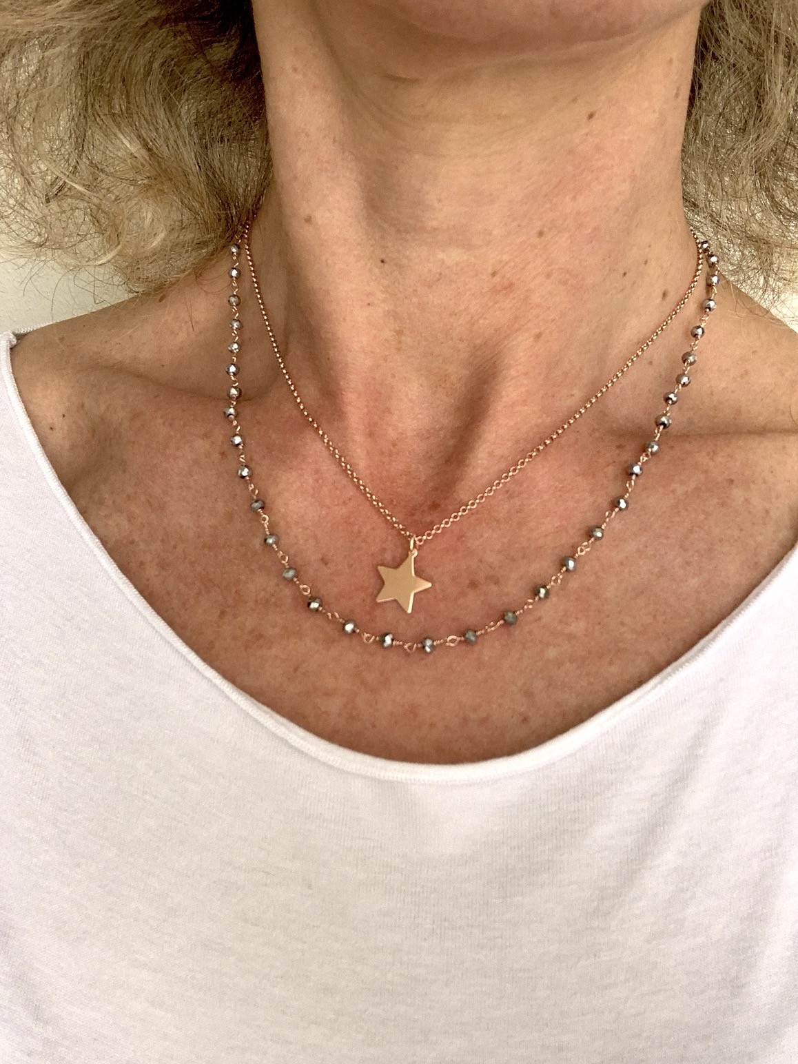 Girocollo a 2 fili con quarzo idrotermale grigio e argento placcato oro rosa