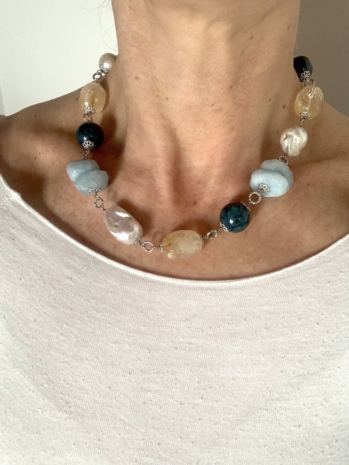 Girocollo incatenato apatite, acquamarina, citrino e argento rodiato