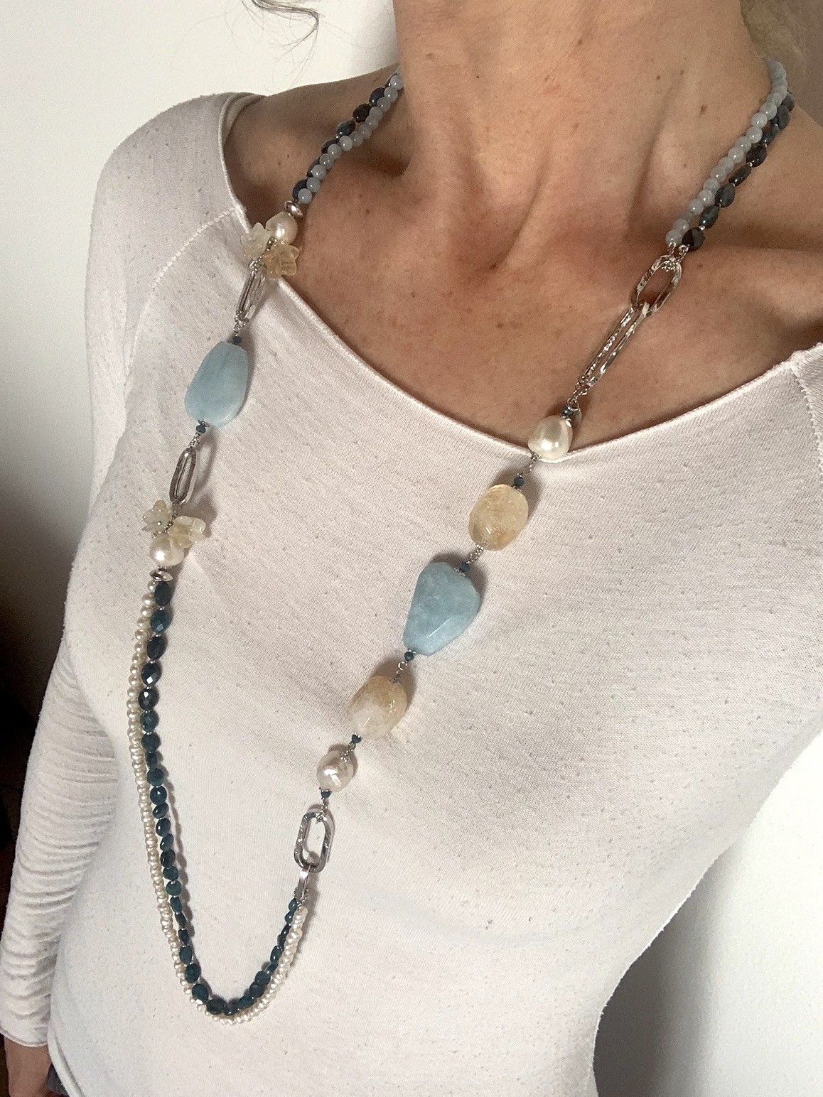 Collana 2 fili apatite, acquamarina, citrino e pepite argento rodiato