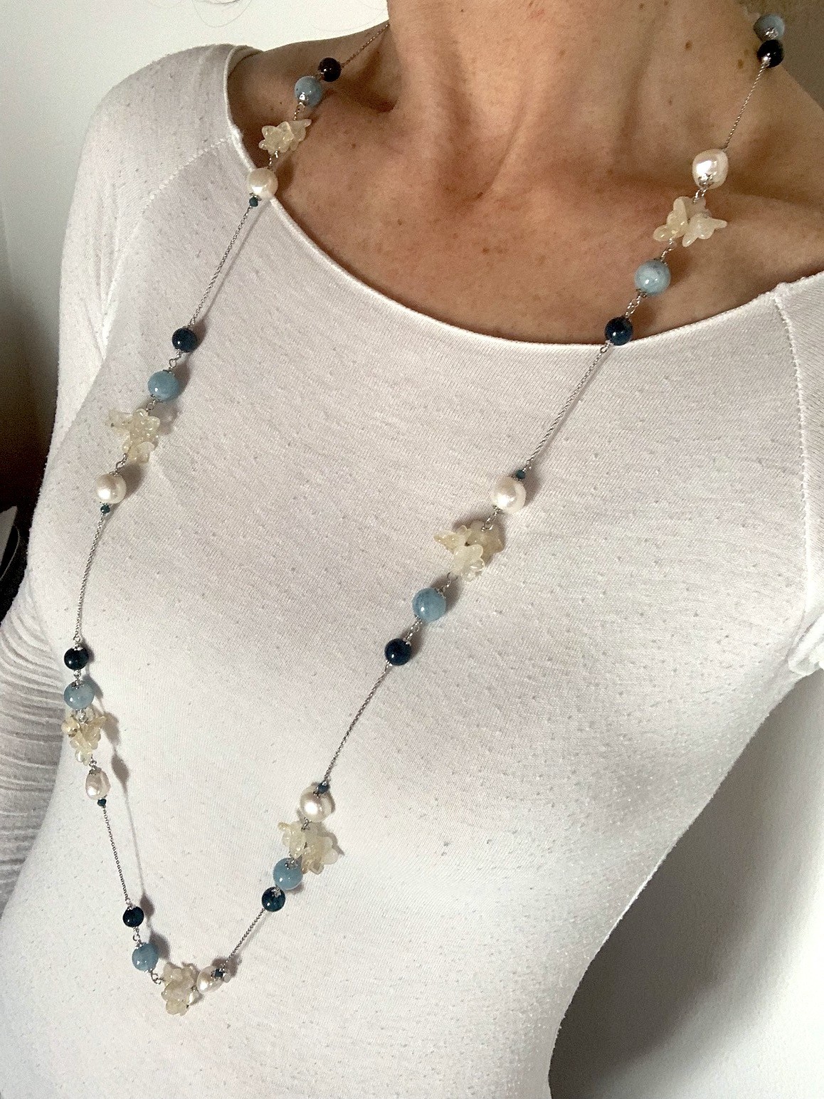 Collana incatenata apatite, acquamarina, citrino e argento rodiato