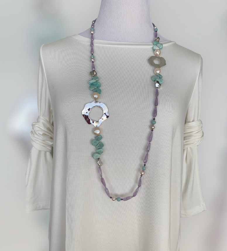 Collana in ametista, amazzonite e fiori in argento rodiato