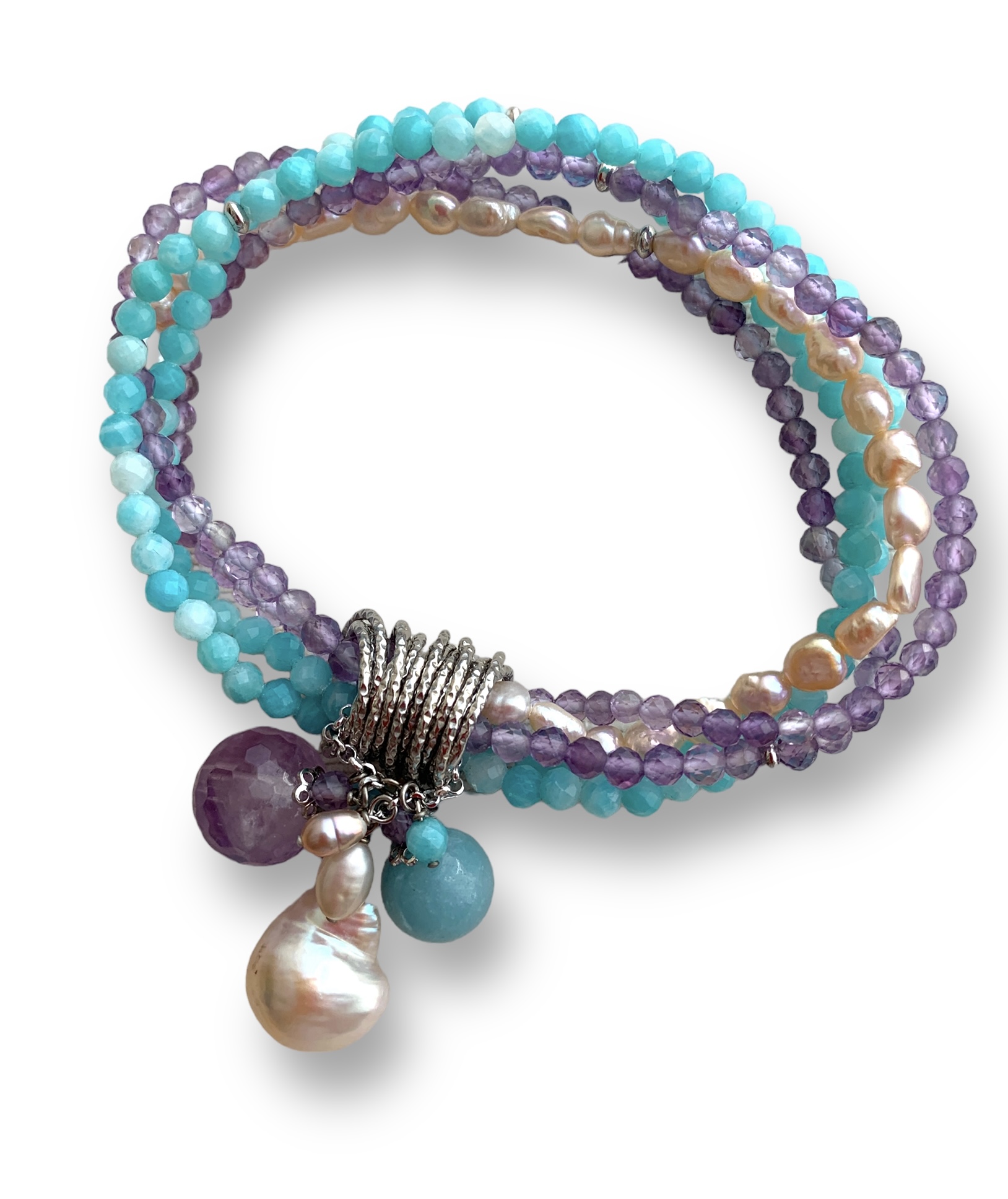 Bracciale a 5 fili in ametista, amazzonite e perle