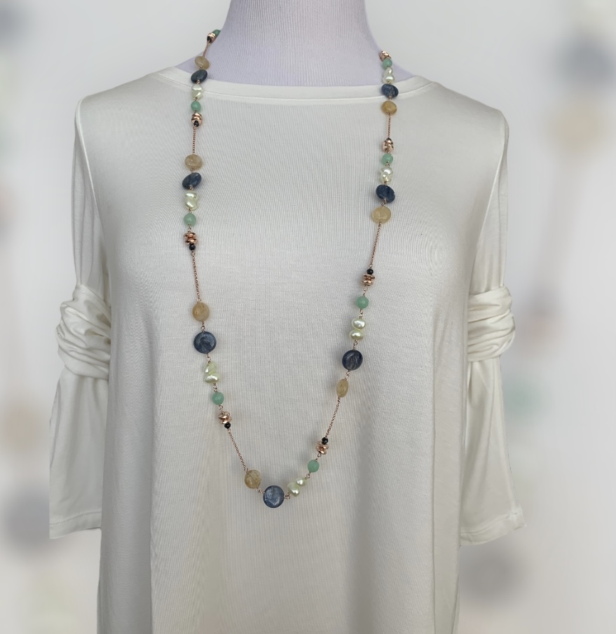 Collana catena argento in cianite, citrino e perle verdi