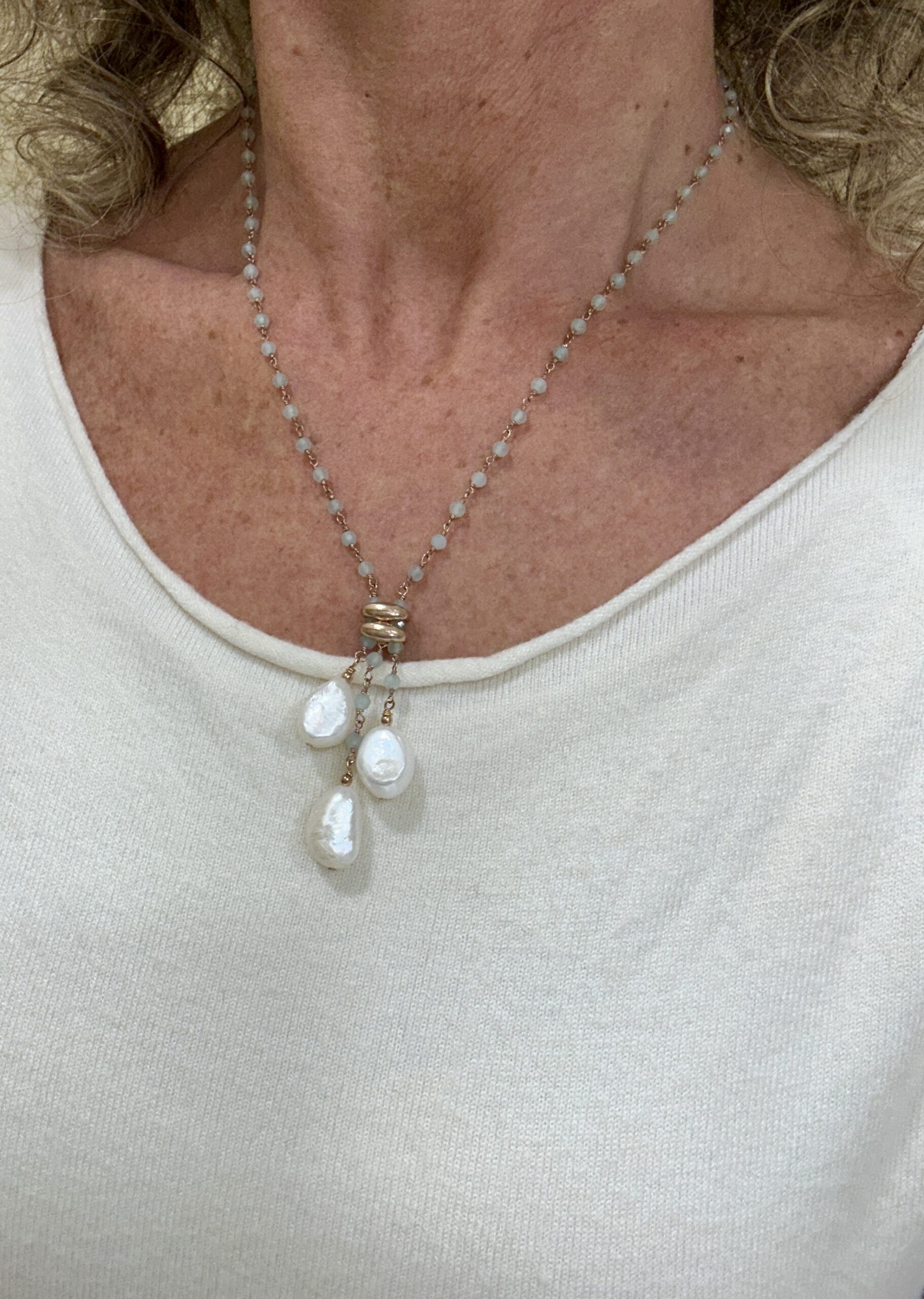 Girocollo acquamarina incatenato, perle e argento rosè