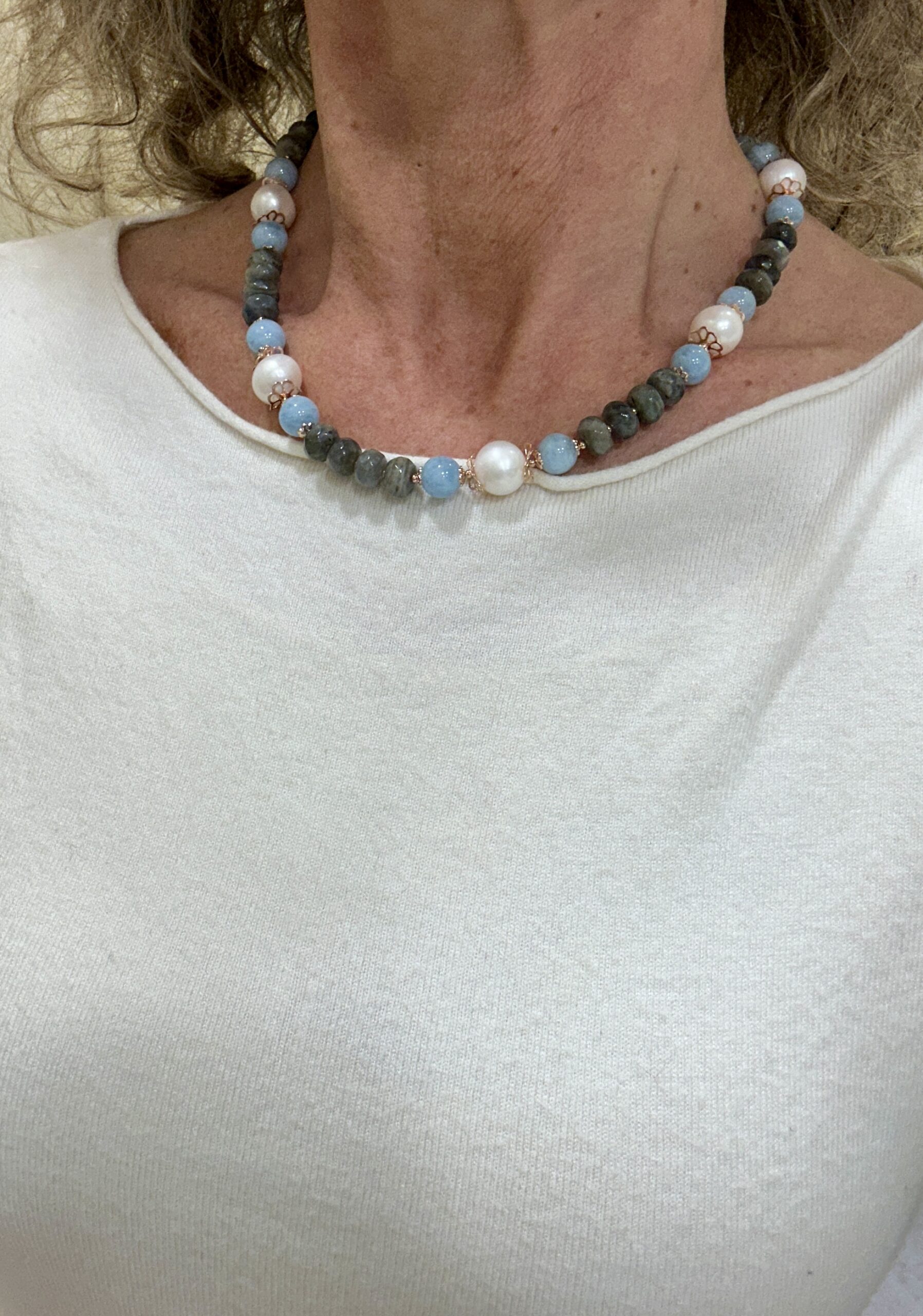 Girocollo con sfere in labradorite, sfere in acquamarina e perle