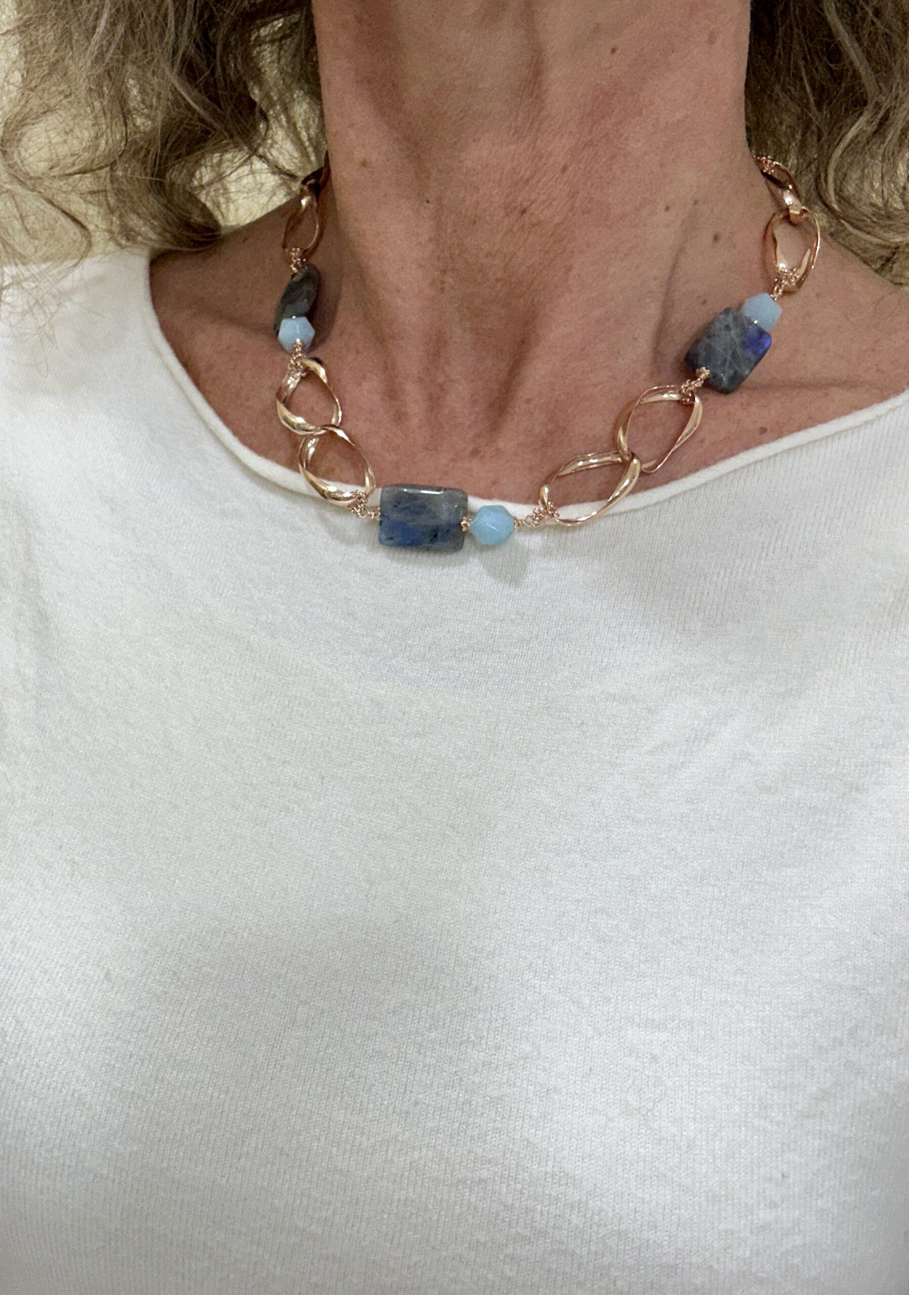 Girocollo in labradorite e acquamarina, twister argento rosè