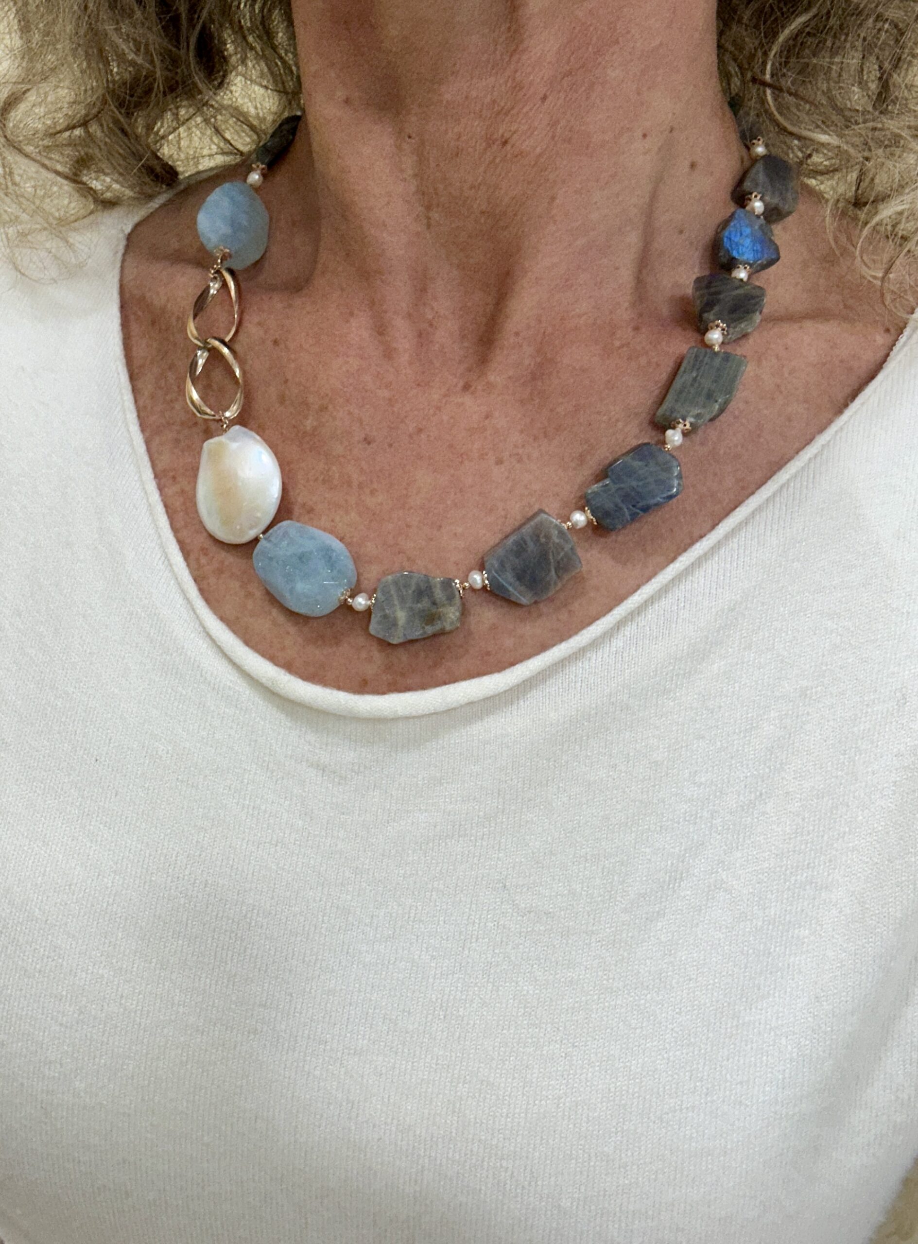Girocollo in labradorite, acquamarina e perle