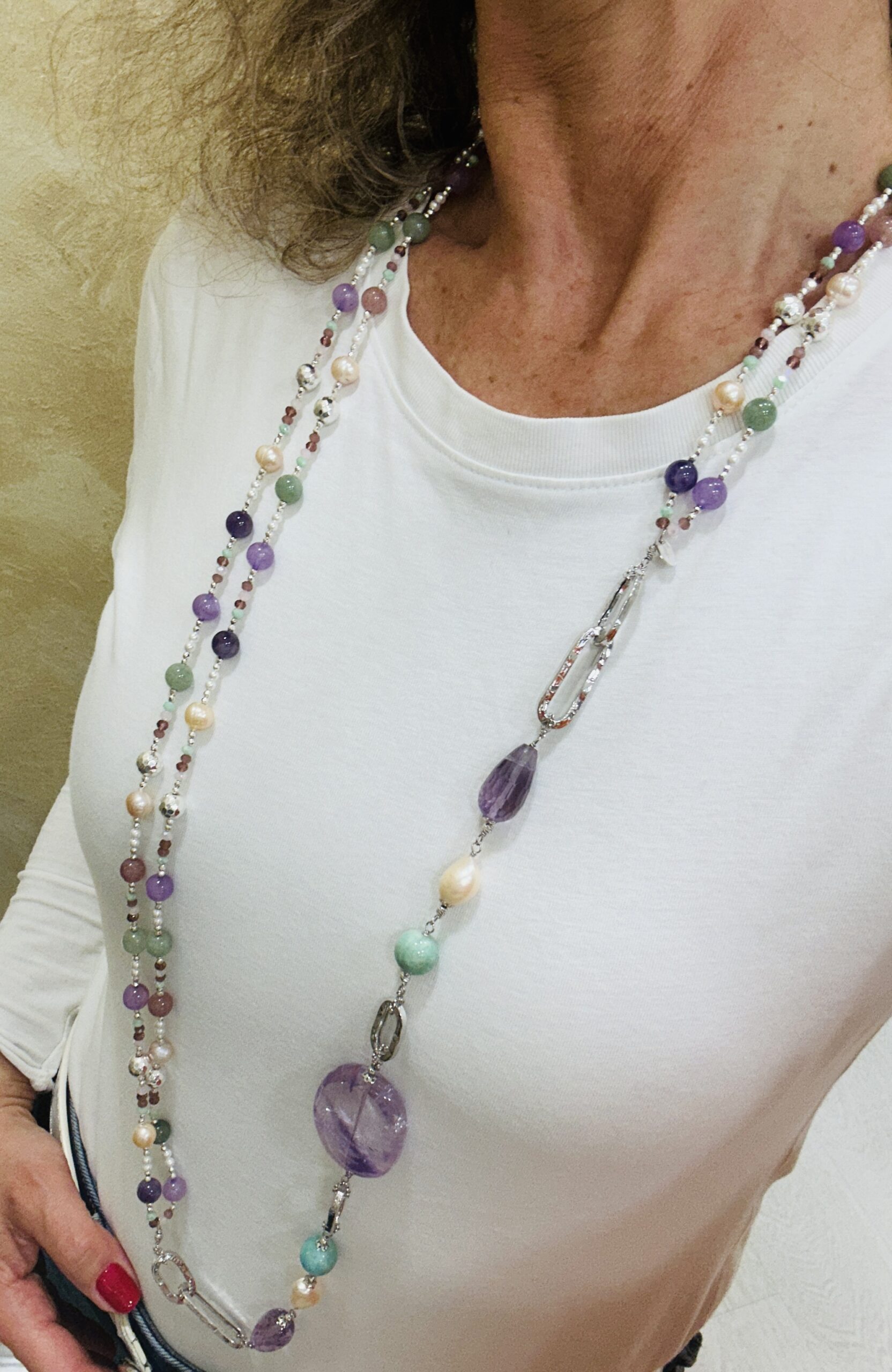 Collana a due fili in ametista, amazzonite e argento rodiato