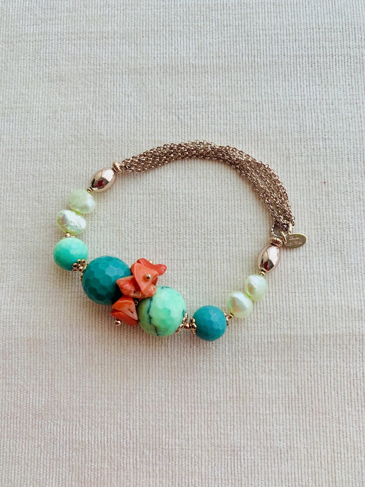 Bracciale in argento placcato oro rosa e crisoprasio