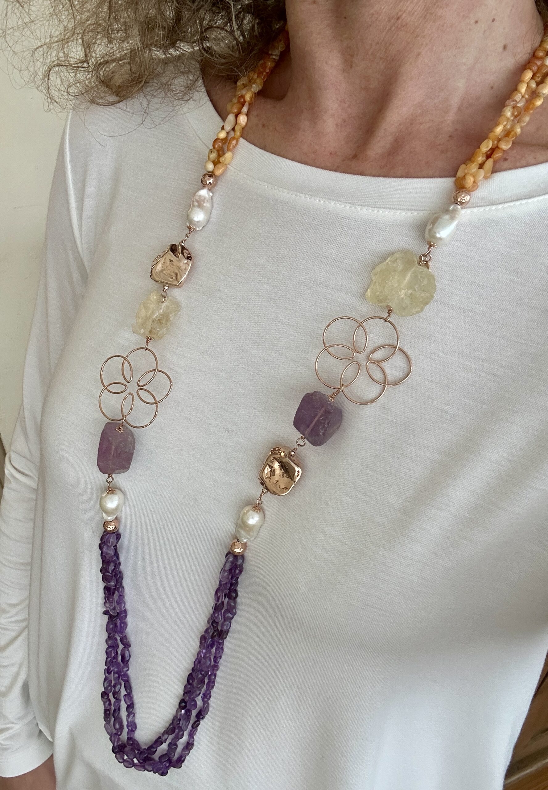 Collana a 3 fili in ametista e aragonite