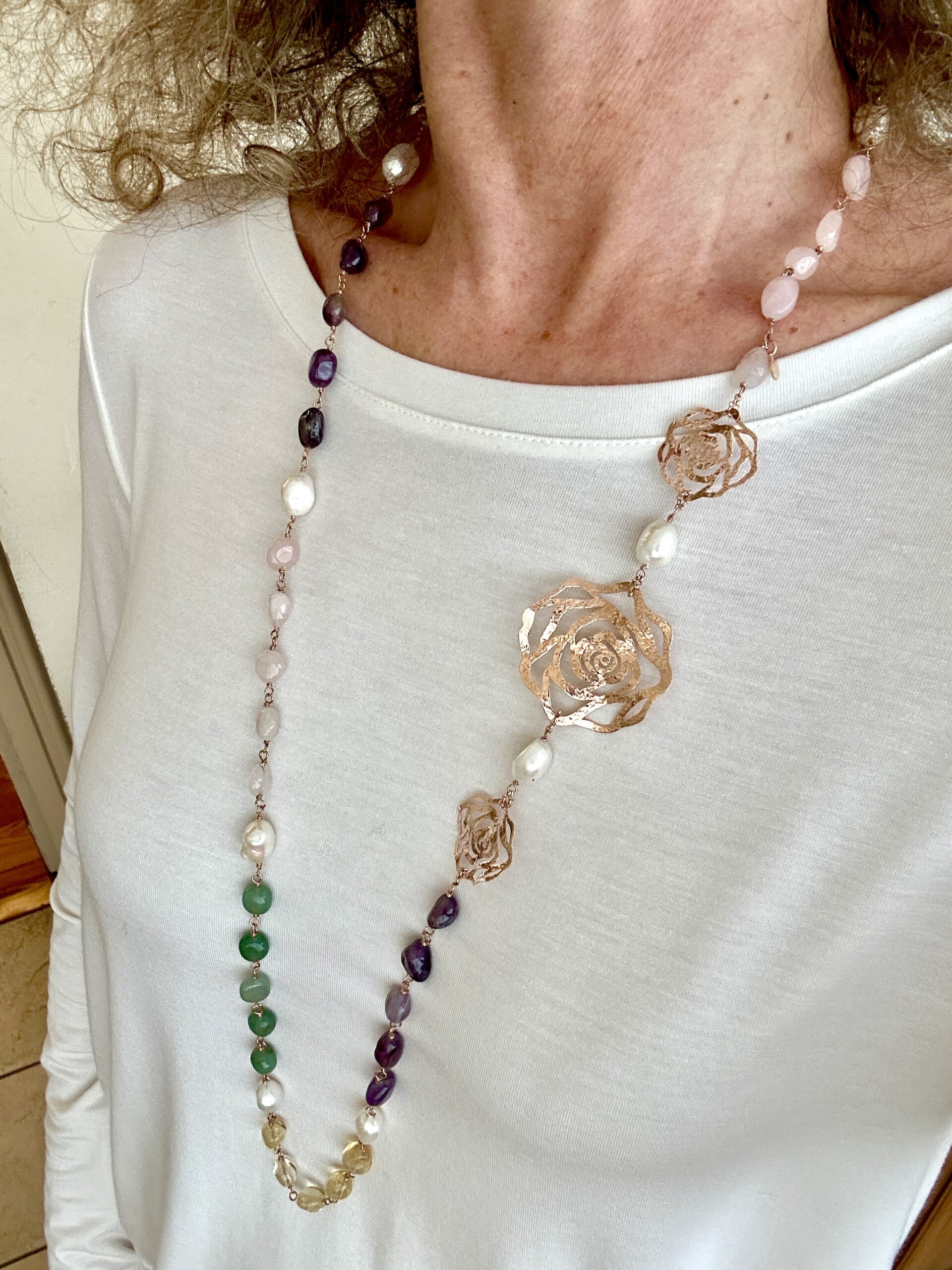 Collana in ametista, quarzo citrino e rosa, prenite