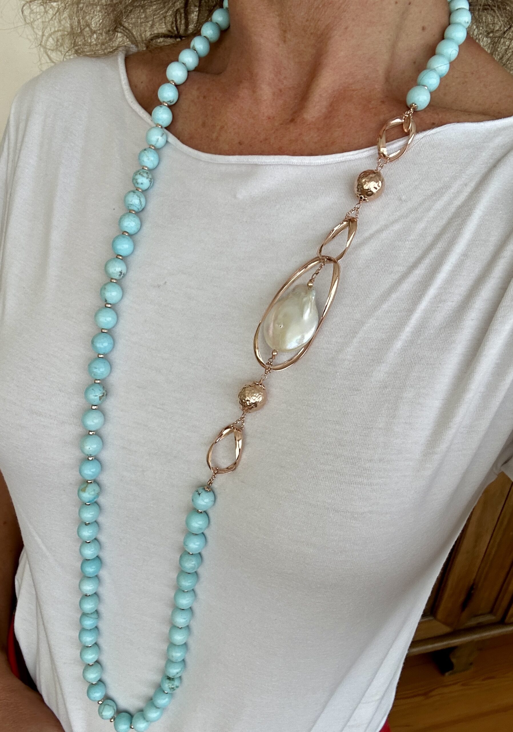 Collana in aulite turchese e perle, argento placcato oro rosa