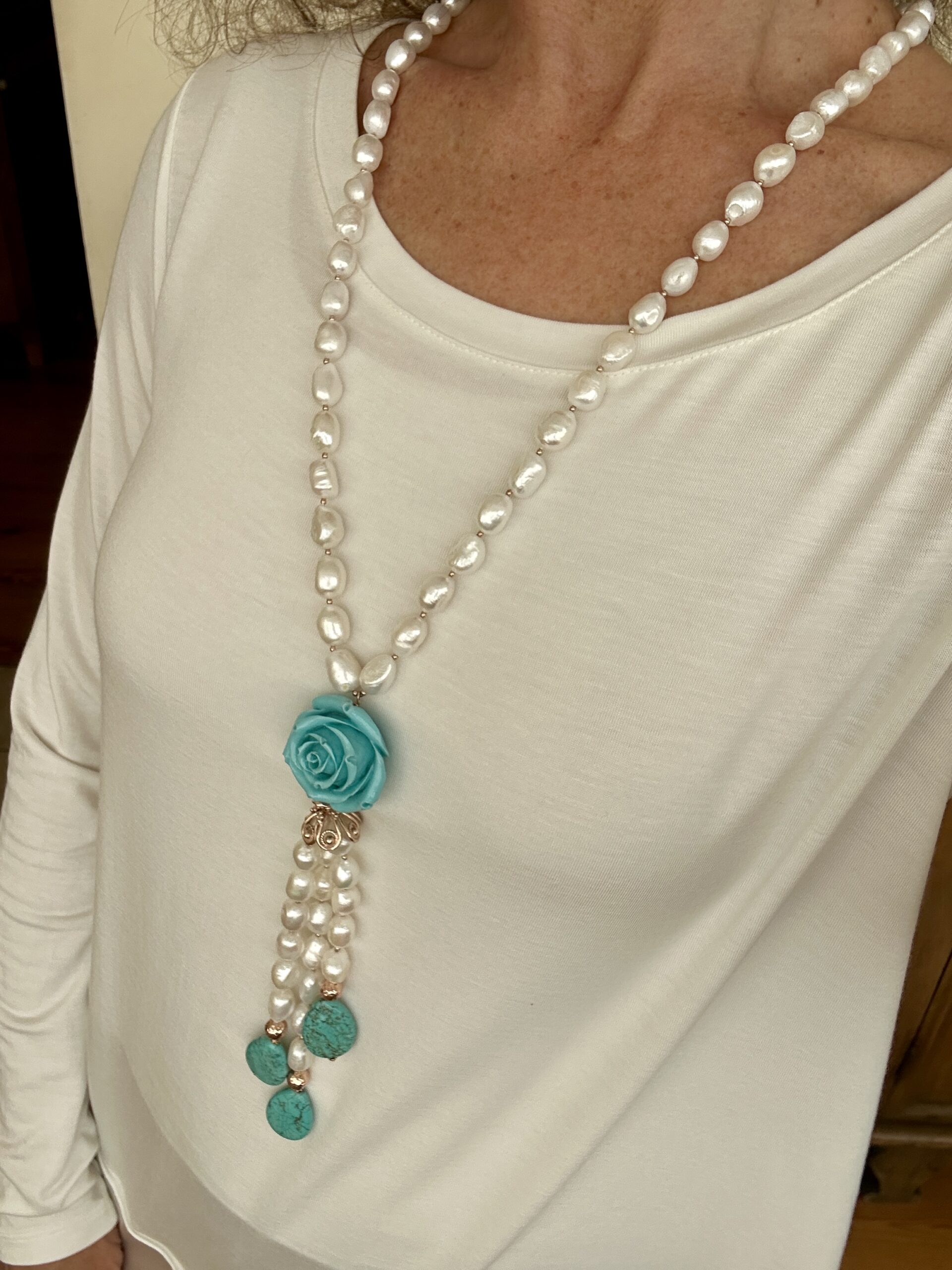 Collana in perle e aulite turchese, argento placcato oro rosa