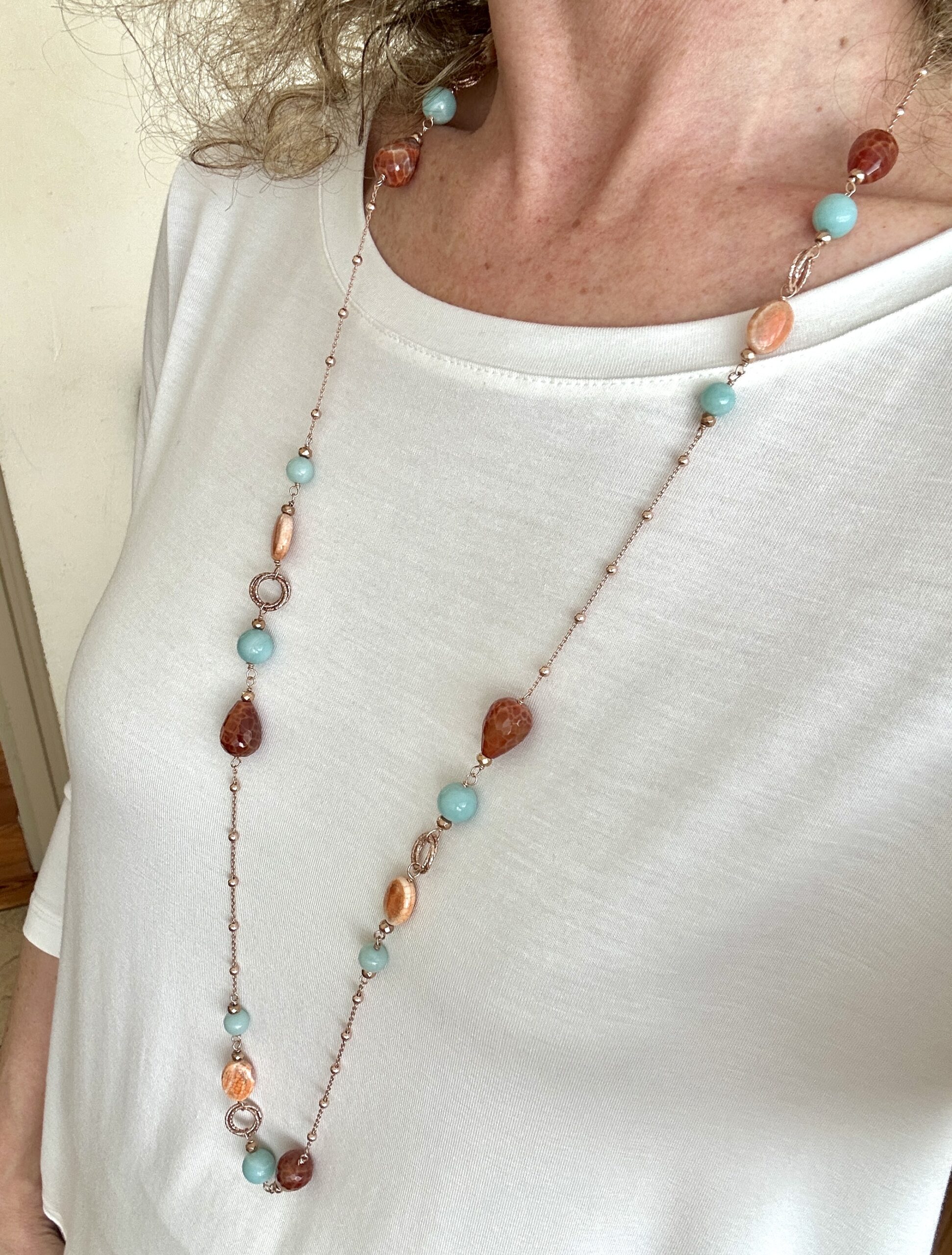 Collana in amazzoni e agata africana, argento placcato oro rosa