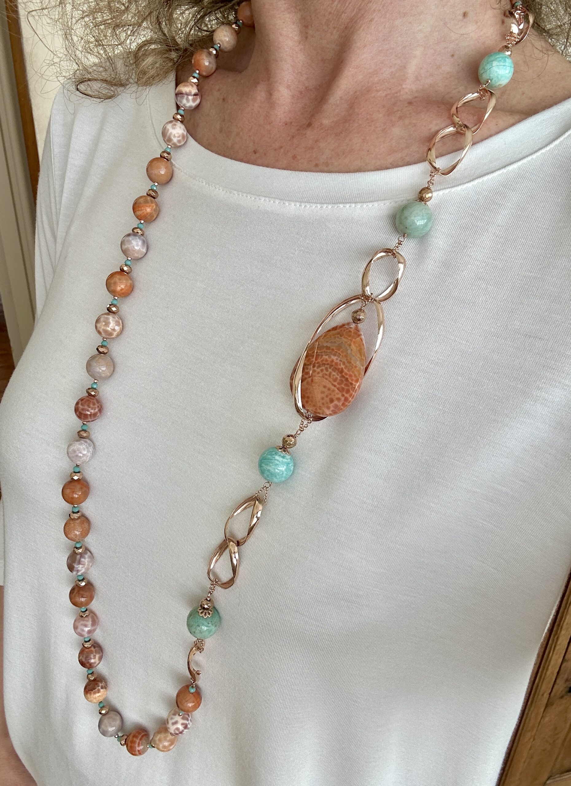 Collana in agata africana e amazzonite, argento placcato oro rosa