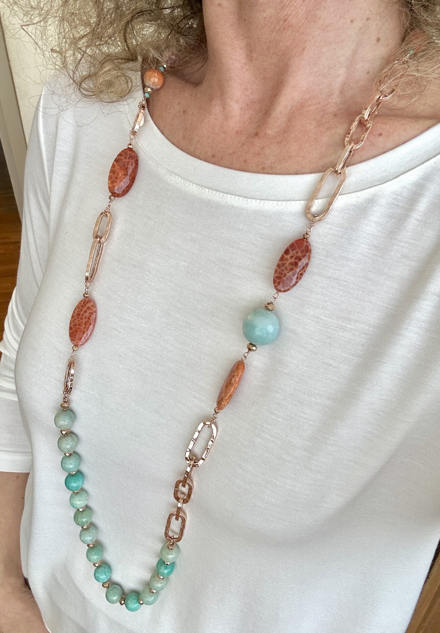 Collana in agata africana e amazzonite, argento placcato oro rosa