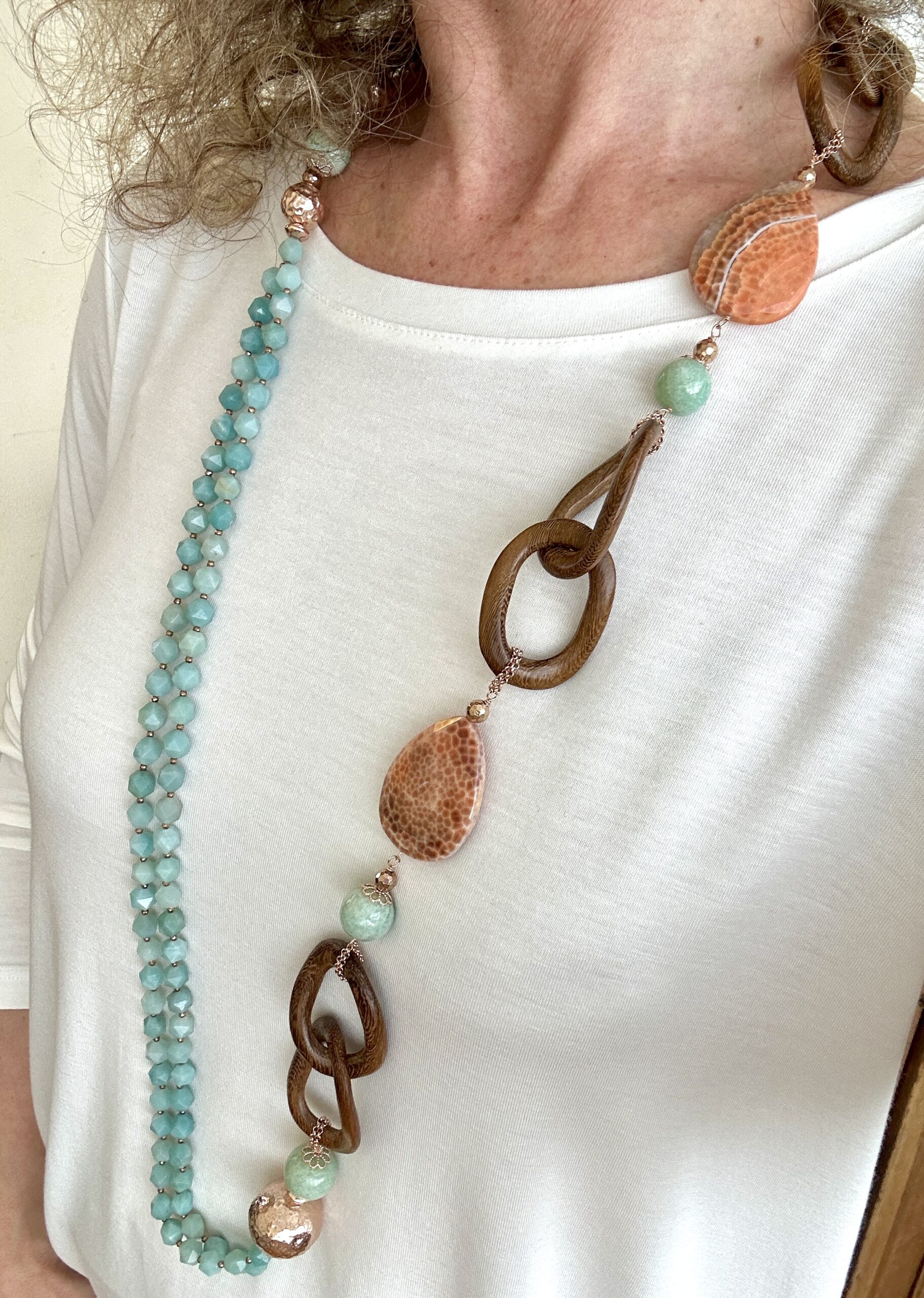 Collana in agata africana e amazzonite, argento placcato oro rosa