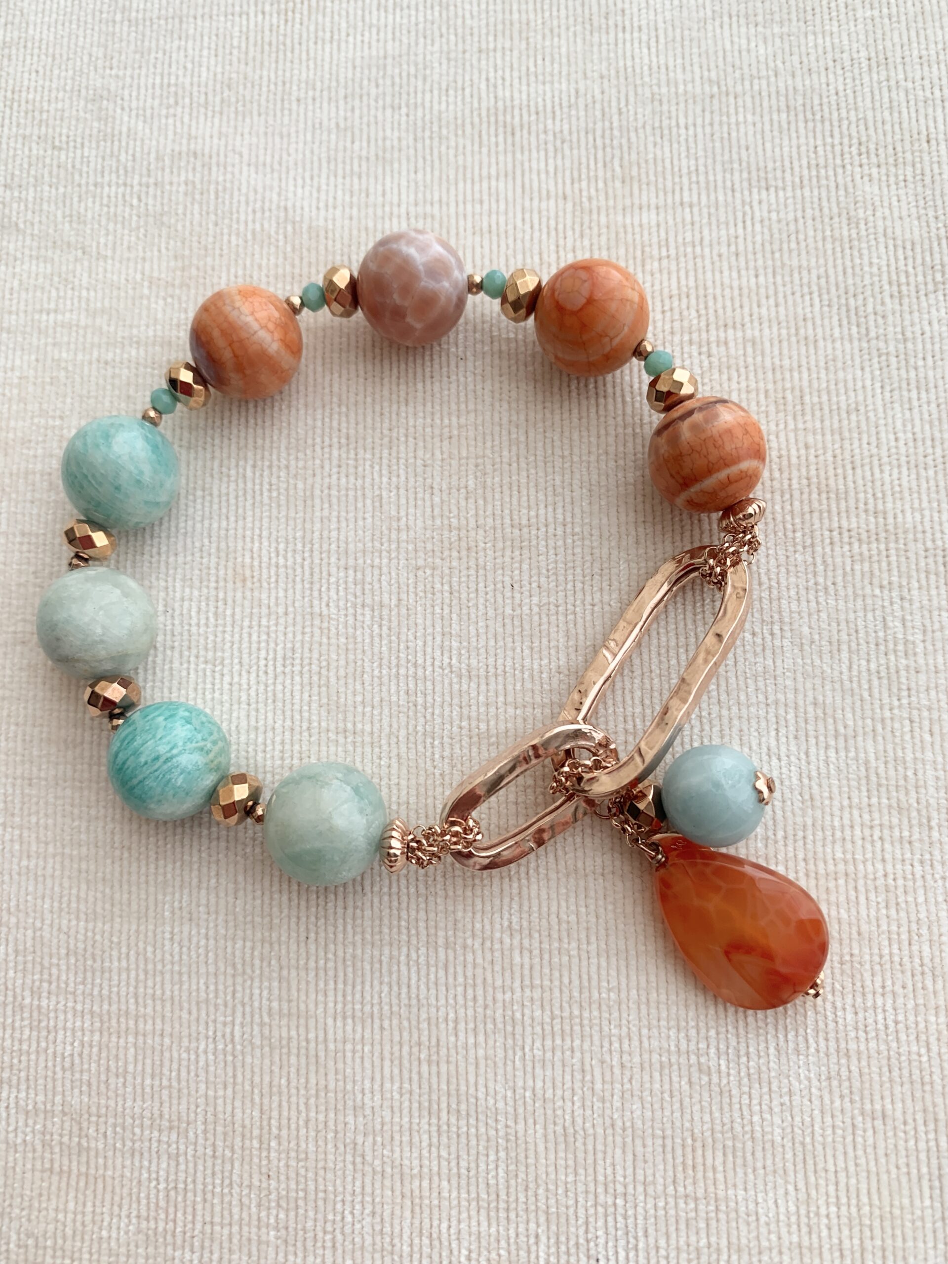 Bracciale in agata africana e amazzonite, argento placcato oro rosa