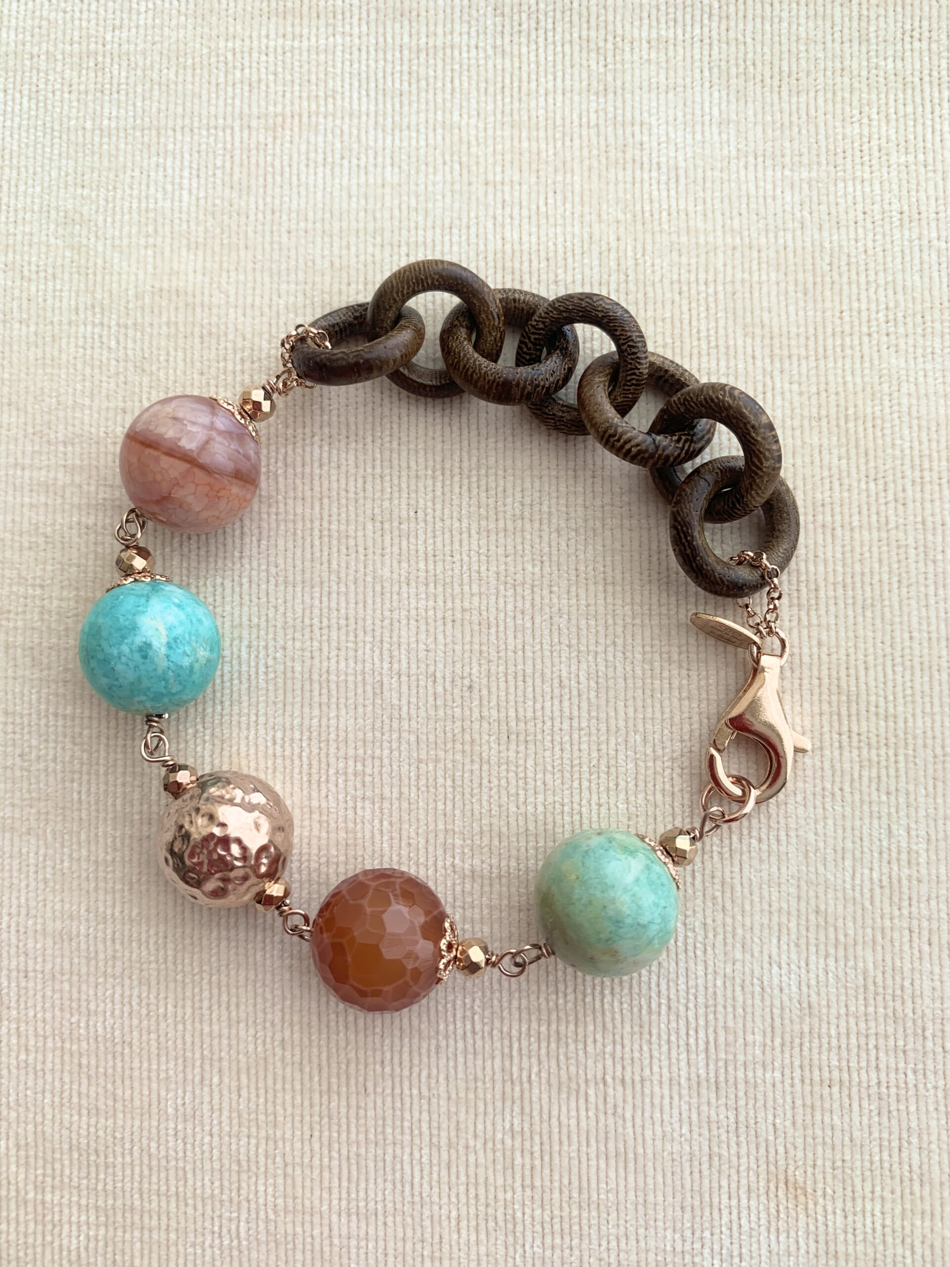 Bracciale in amazzonite e agata africana, argento placcato oro rosa