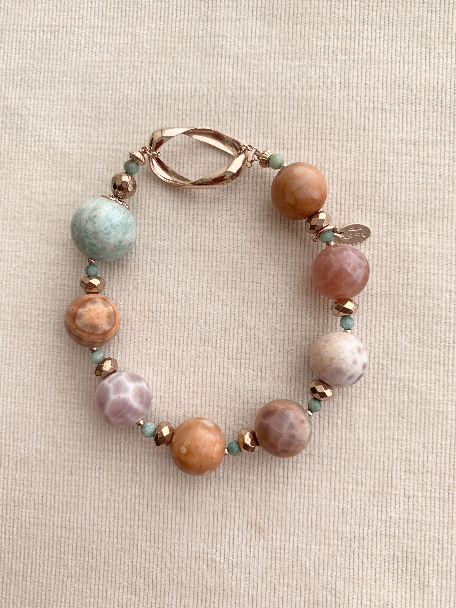 Bracciale in agata africana, amazzonite, argento placcato oro rosa