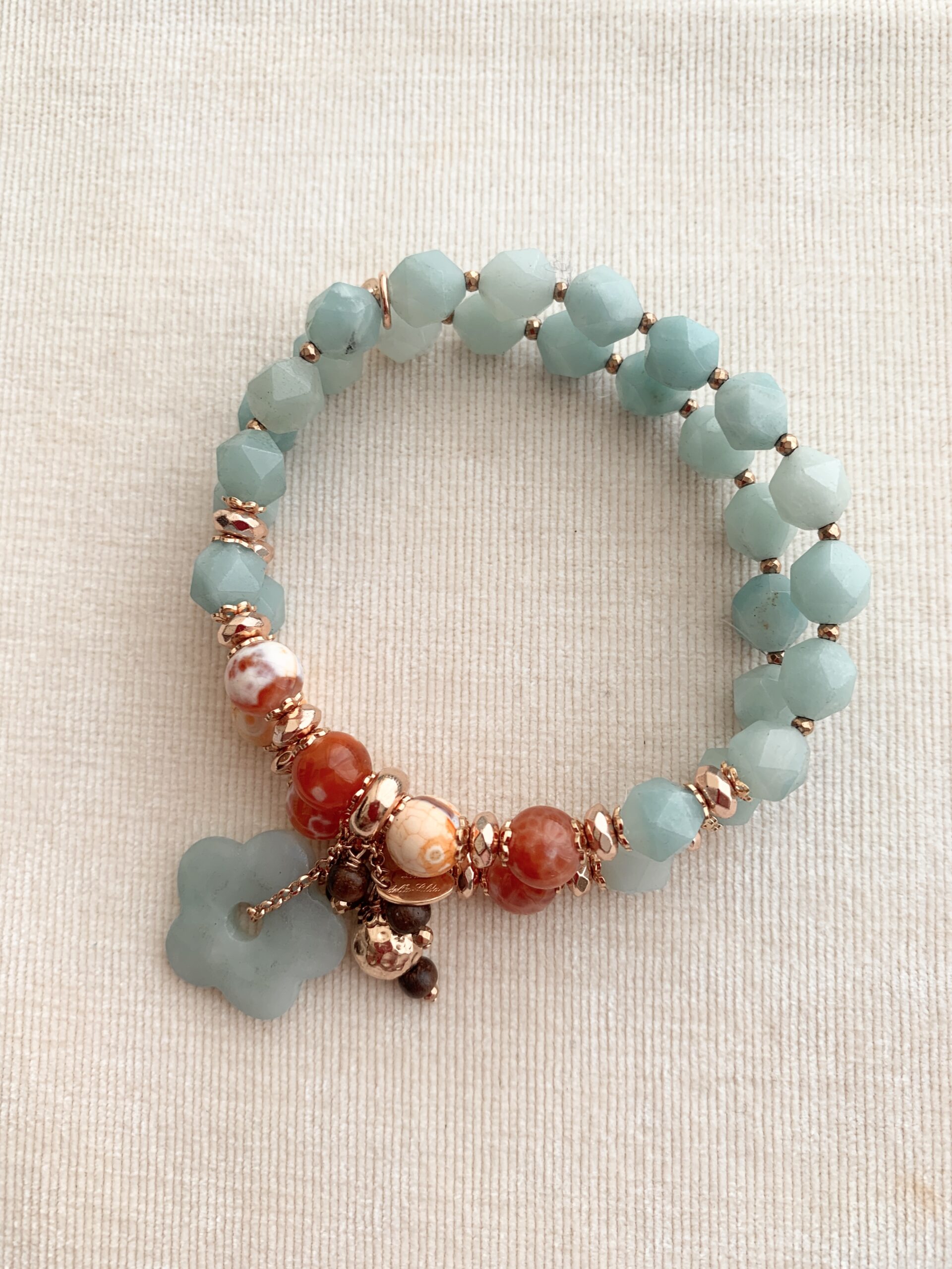 Bracciale a 2 fili in amazzonite e agata africana, argento placcato oro rosa