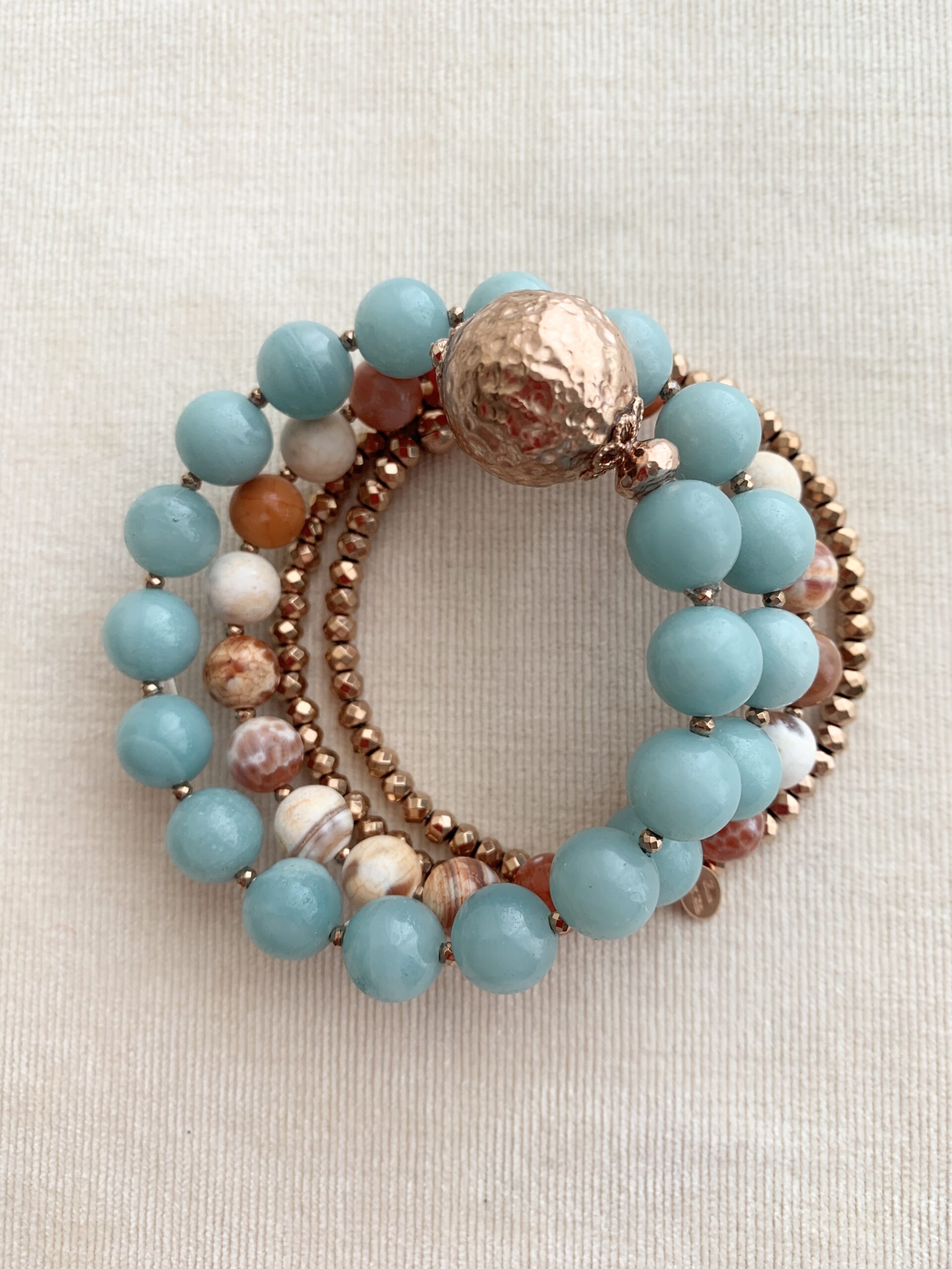 Bracciale a spirale in agata africana, amazzonite, ematite rosa, argento placcato oro rosa