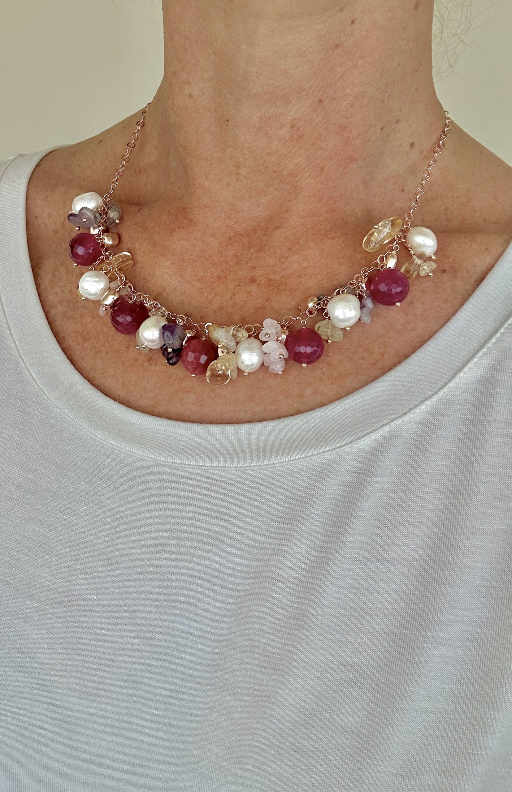 Girocollo in argento placcato oro rosa e quarzi assortiti