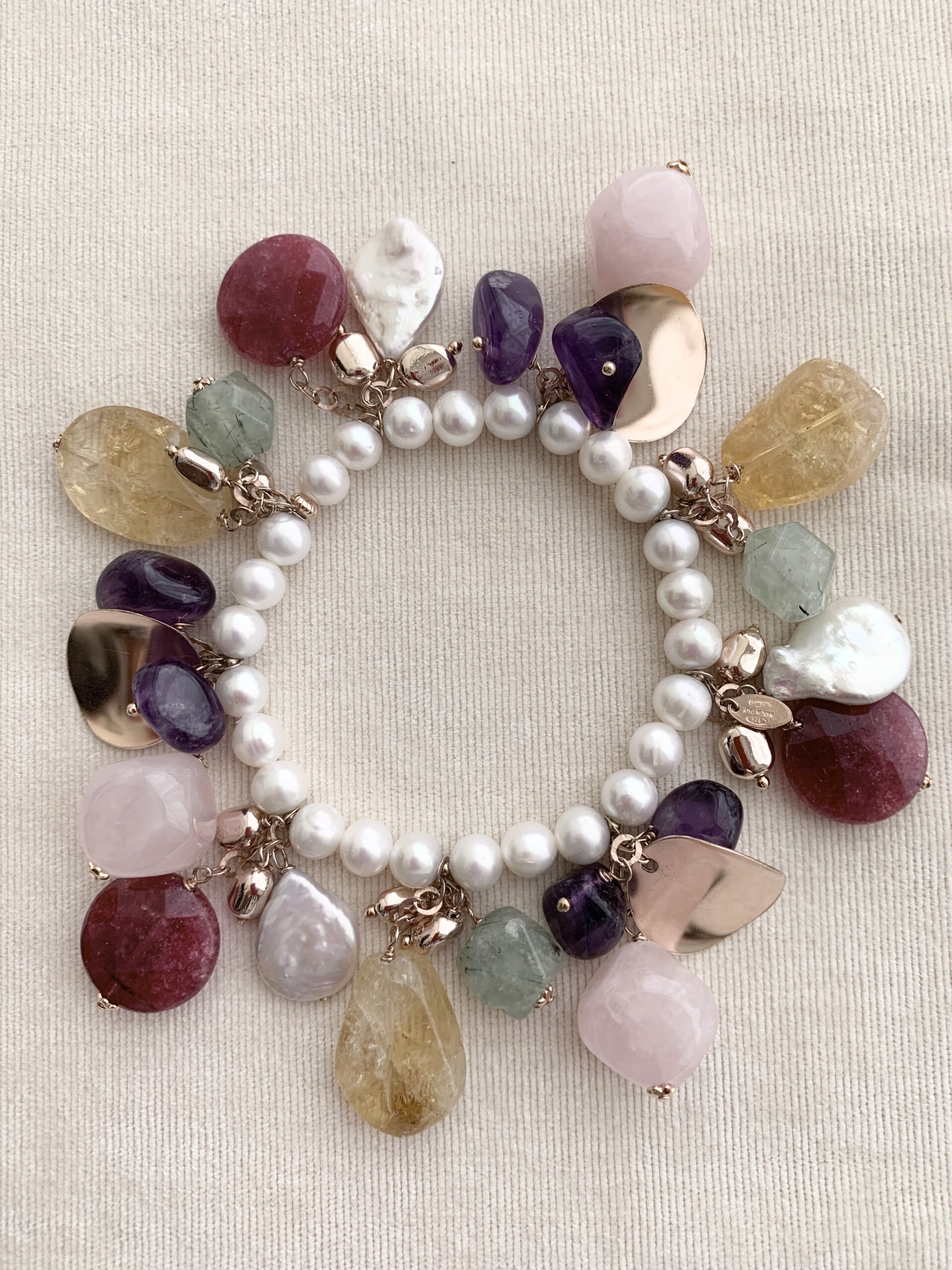 Bracciale in perle coltivate e quarzi assortiti, argento placcato oro rosa