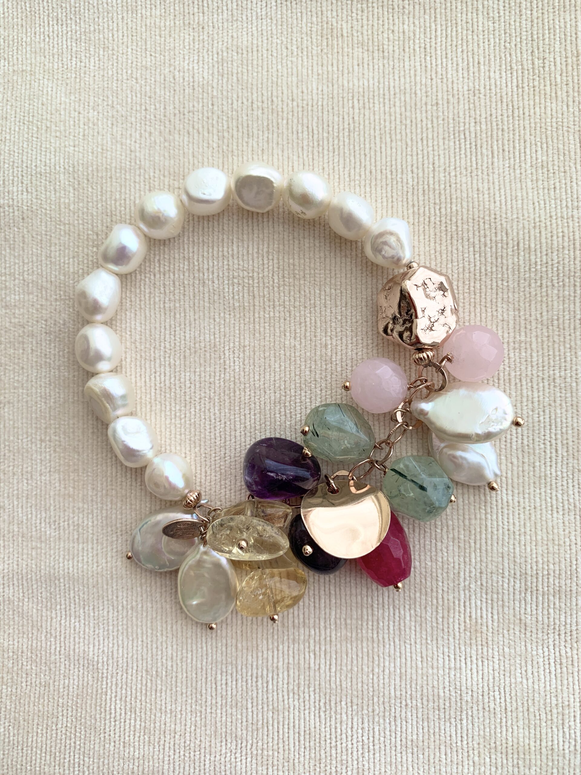 Bracciale in perle coltivate e quarzo assortiti, argento placcato oro rosa