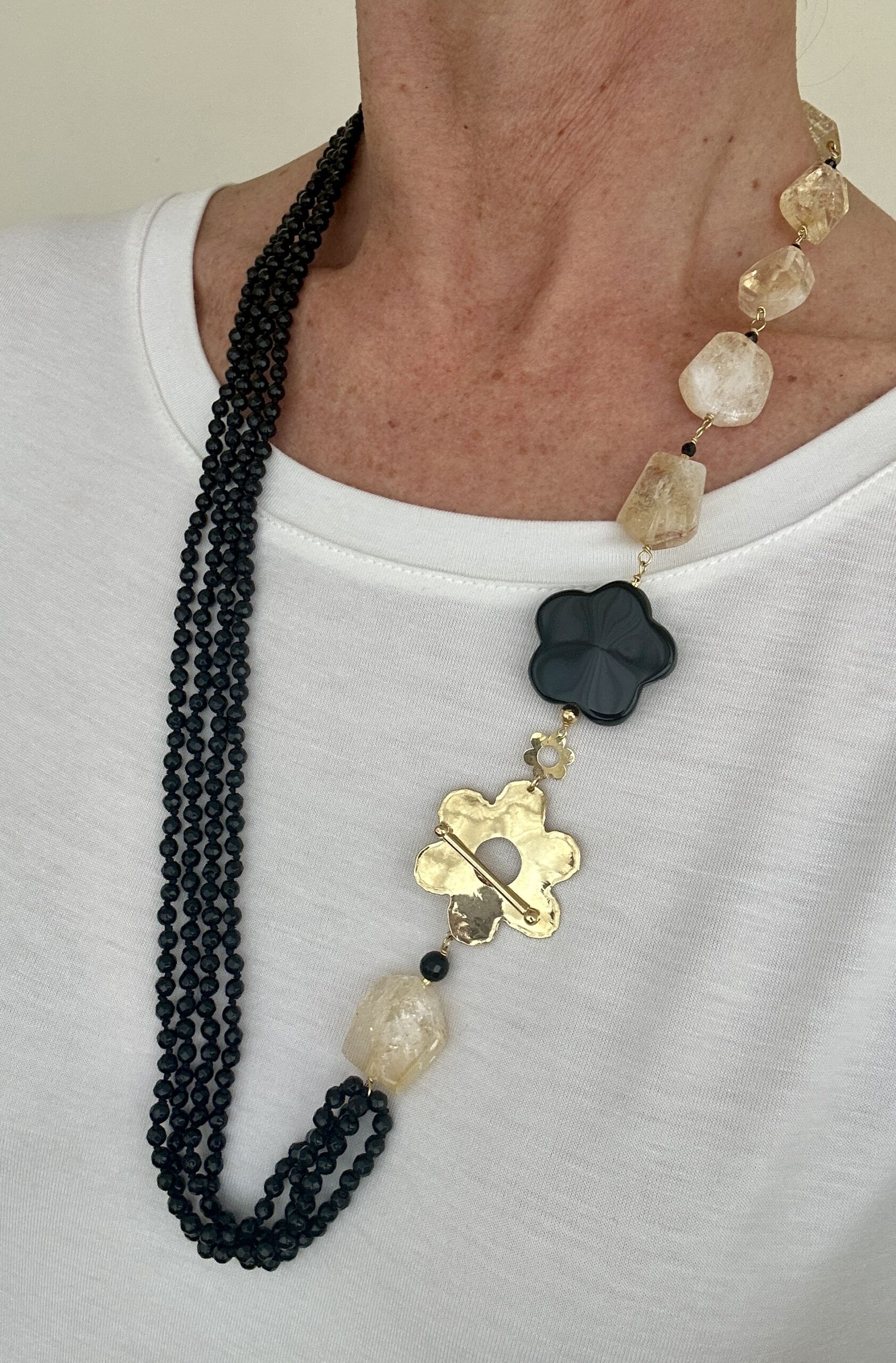 Collana in agata nera e quarzo citrino, argento placcato oro giallo
