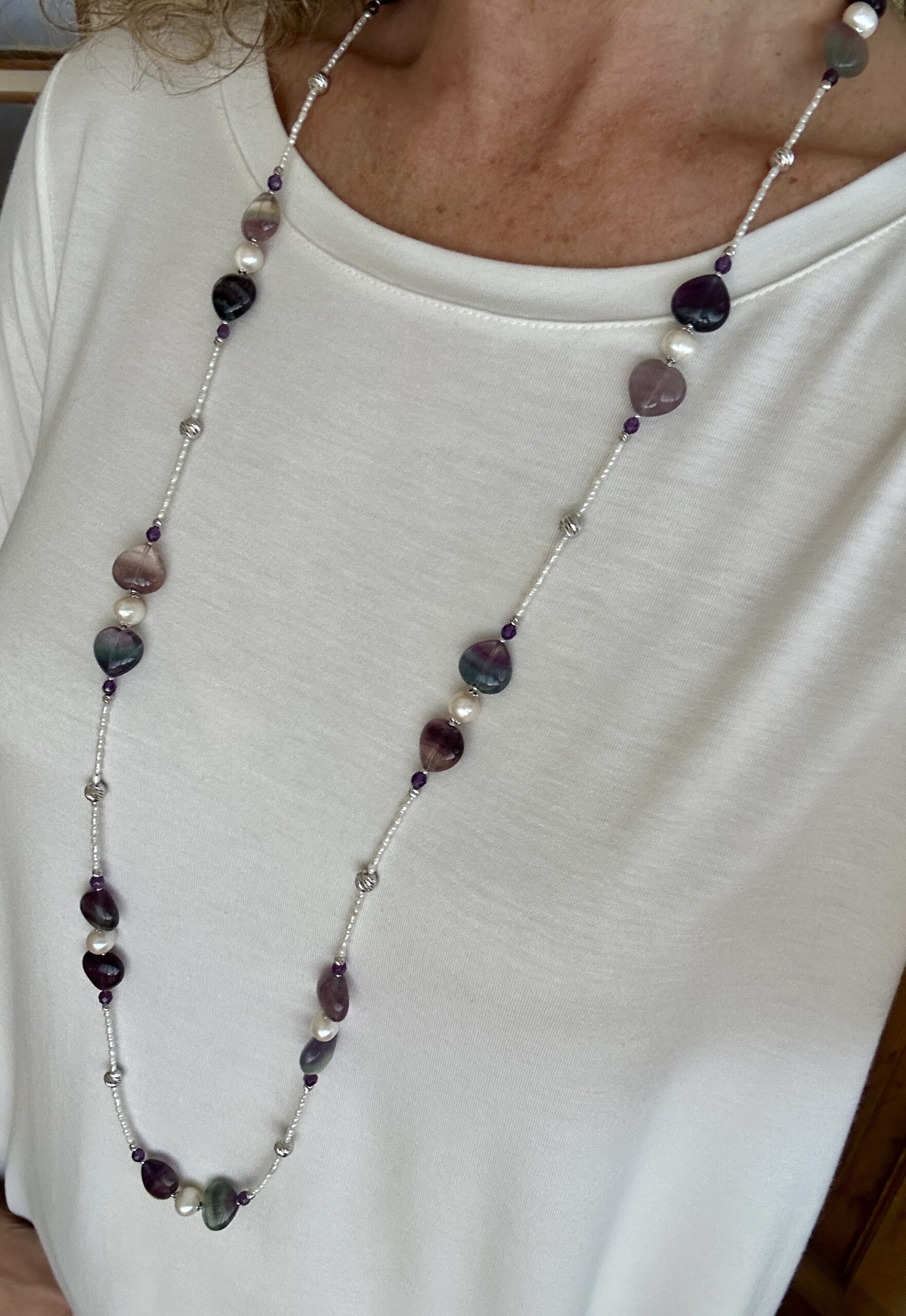 Collana cuori fluorite, perle coltivate e argento