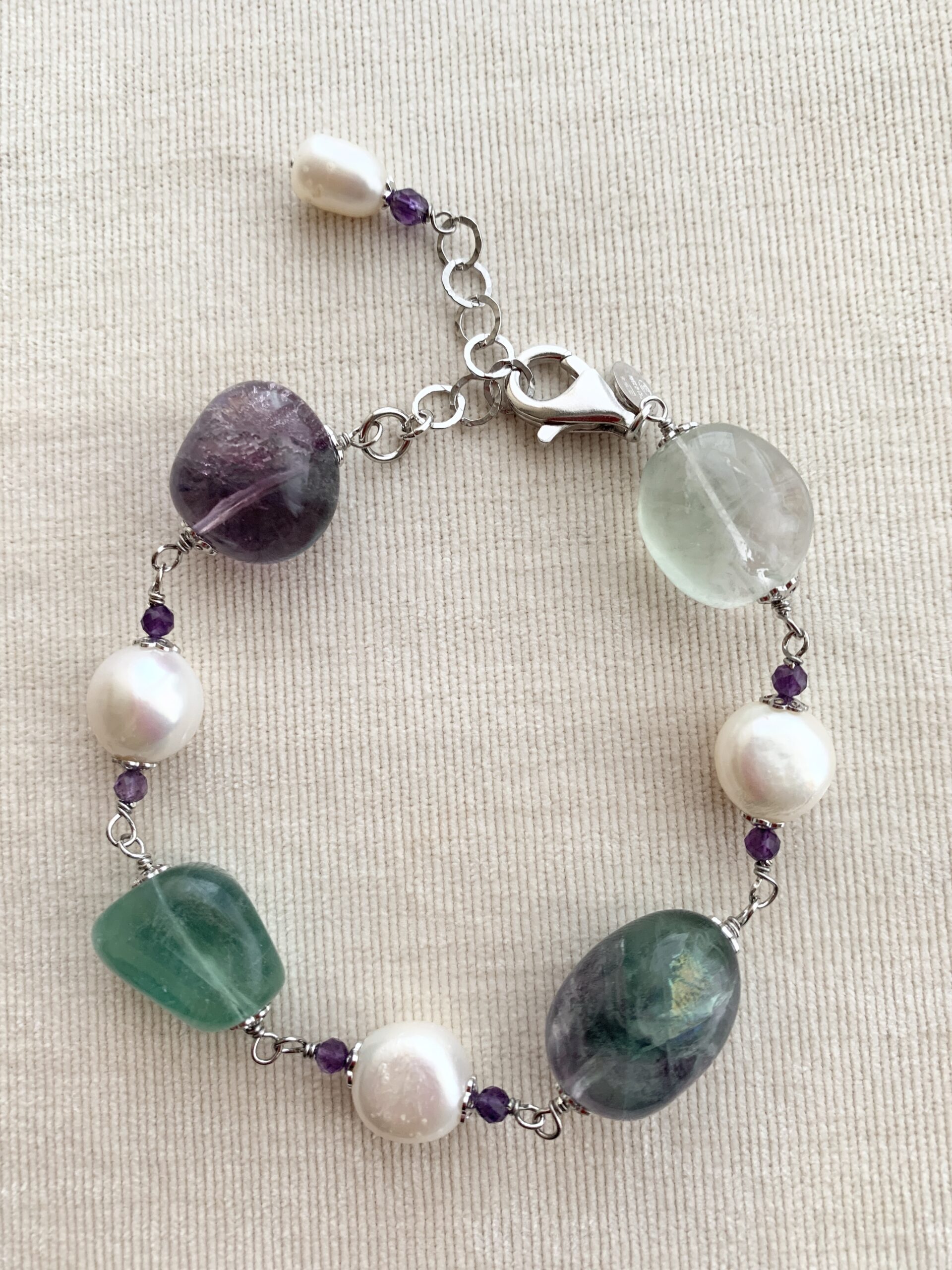 Bracciale fluorite, perle coltivate e argento